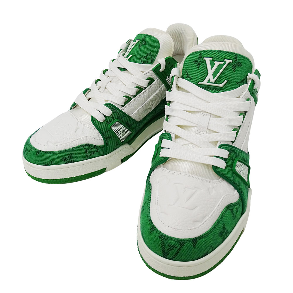 【5.5万円以上5000円OFFクーポン！１９日２０時から26日1時59分まで】ルイ・ヴィトン LOUIS VUITTON スニーカー メンズ ブランド モノグラム レザー LVトレイナー・ラインスニーカー グリーン ホワイト 26.5cm 靴 おしゃれ ロゴ カジュアル ロゴ かっこいい 【中古】｜ブランドベイ