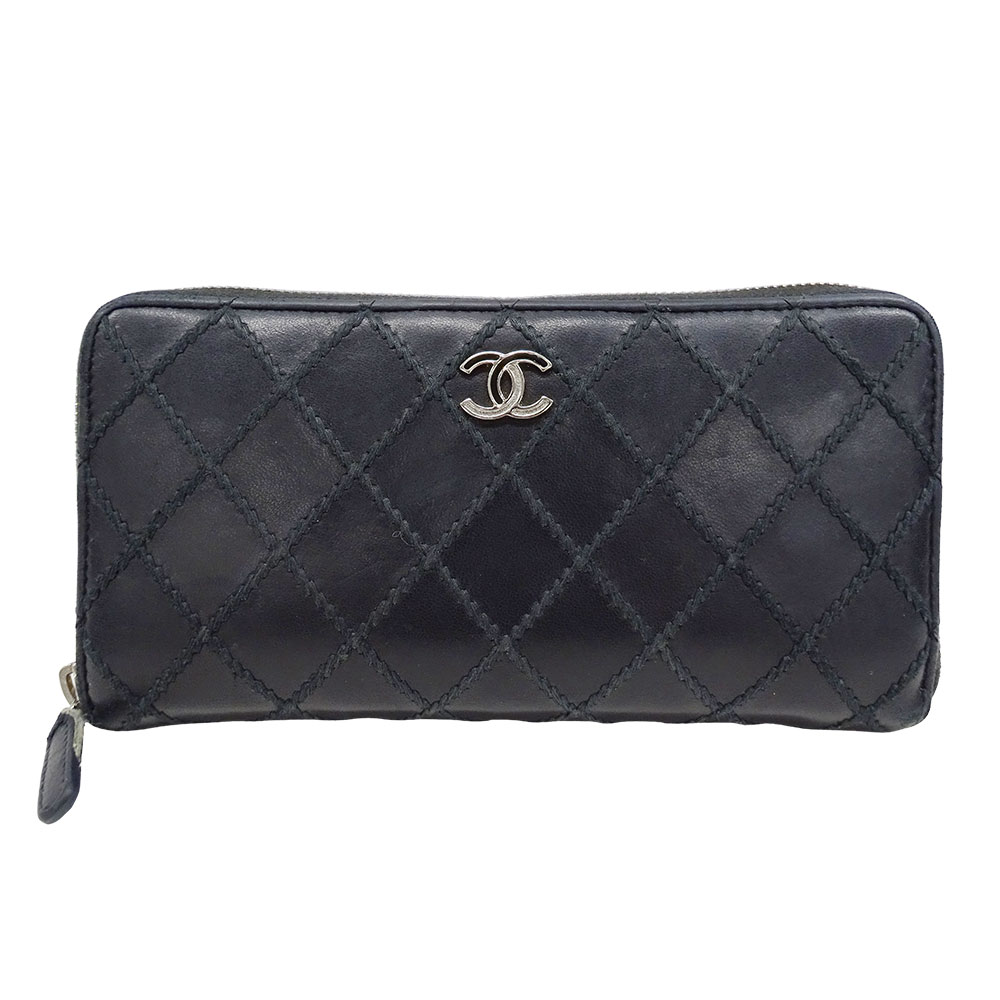 【全品5％OFFクーポン券別れ別れ中!】シャネル CHANEL 銭入れ レディース ブランド名 長銭入れ ワイルドステッチ なめし革 黒いこと しろがね色金具 ラウンドチャック 今めかしい キルティング ロゴタイプ 【中古】