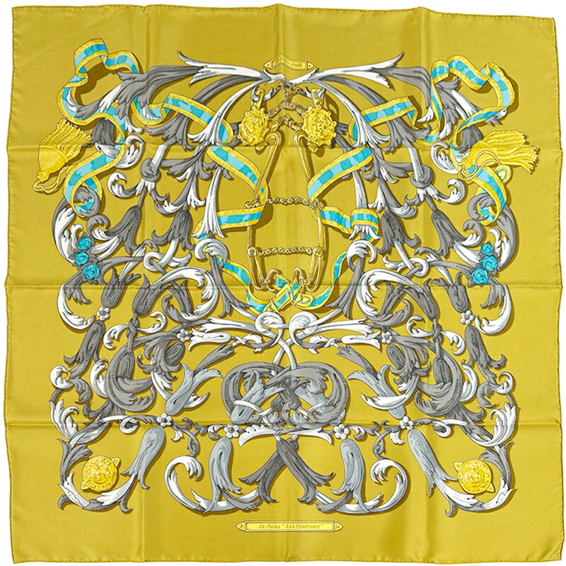 エルメス HERMES えり巻き カレ90 LE Mors A 天使の都市 CONETABLE 轡の偉大さ レディース ブランド名 地絹 黄色 マルチ色つや ハーネス 大判 【中古】