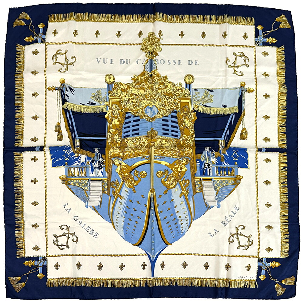 エルメス HERMES えり巻き VUE DU CARROSSE DE 天使の都市 GALERE 天使の都市 REALE 統治女王の戴冠式 レディース ブランド名 カレ90 地絹 米国海軍 マルチ色つや 大判 大きめ 今めかしい 【中古】