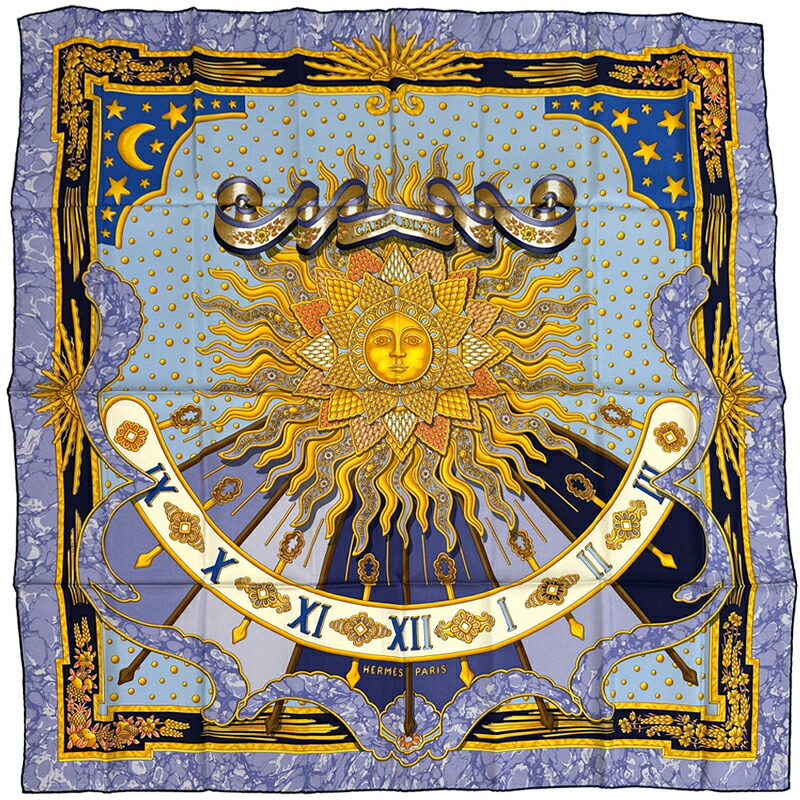 エルメス HERMES えり巻き カレ90 CARPE DIEM 今日このごろ一日を楽しむ レディース ブランド名   地絹 パープル 青み マルチ色つや お日さま 大判 【中古】