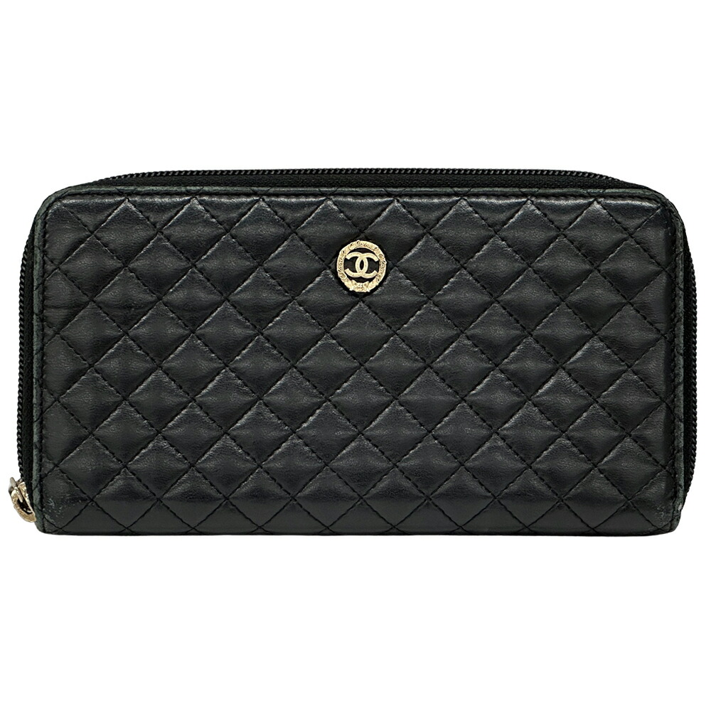 【全品5％OFF引き換え証散り散り中!】シャネル CHANEL 金入れ マイクロマトラッセ レディース ブランド名 長金入れ 子ヒツジひと肌 黒いこと ゴールド金具 ラウンドチャック 【中古】