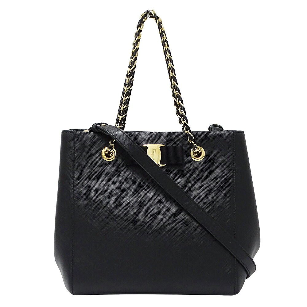 【全品5％OFF引き換え証散り散り中!】フェラガモ Ferragamo 御徒面子 レディース ブランド名 ヴァラリボン ハンドバック ショルダーバッグ 2way なめし革 黒いこと 黒 チェーン店手持ち部分 今めかしい 【中古】