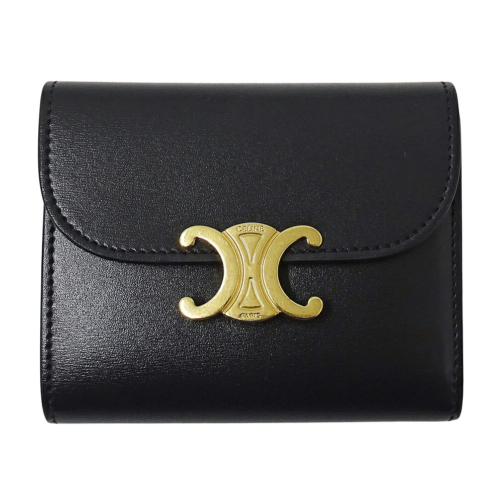 【全品5％OFF引き換え証散り散り中!】セリーヌ CELINE 金入れ レディース ブランド名 トリオンフ 二つ折り金入れ なめし革 黒いこと 黒 ミニ金入れ 小さめ 今めかしい 【中古】
