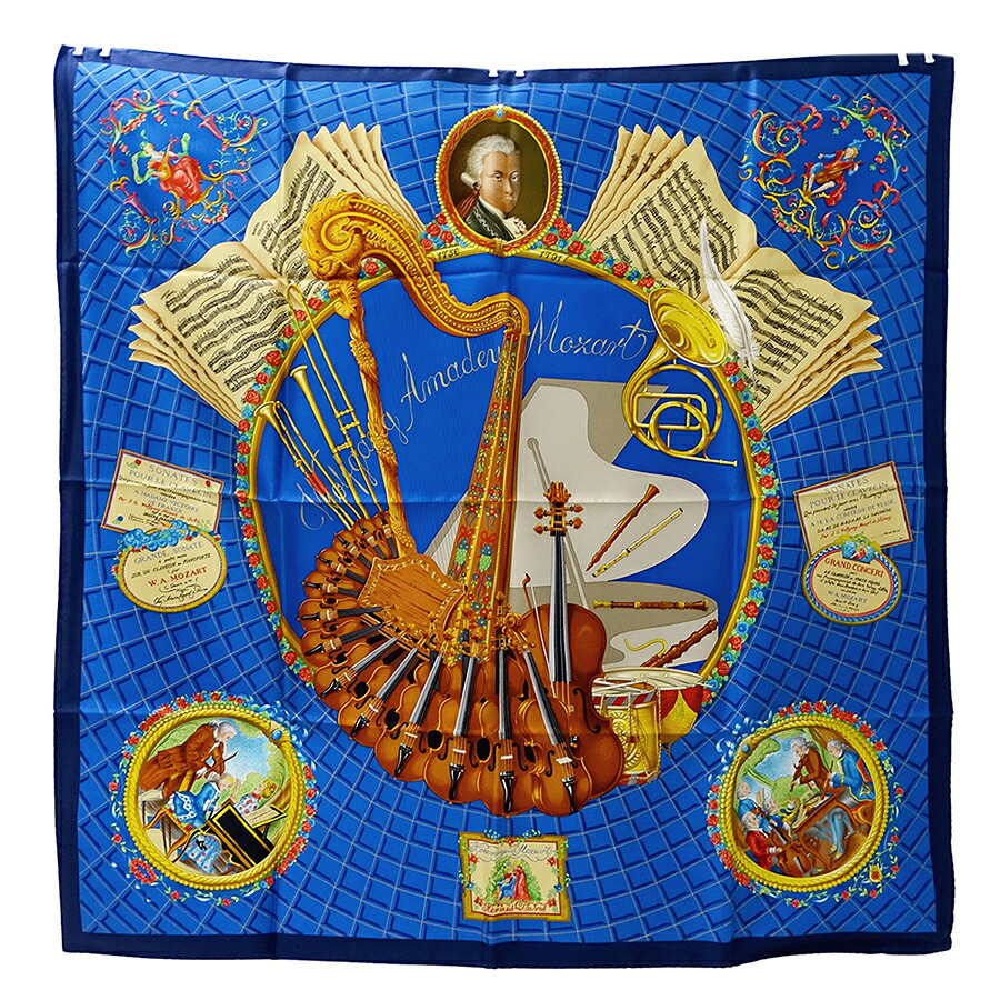 エルメス HERMES えり巻き レディース ブランド名 カレ 90 Wolfgang Amadeus Mozart モーツァルトへの讚美歌 絹地 青色 青 今めかしい インストゥルメント 【中古】