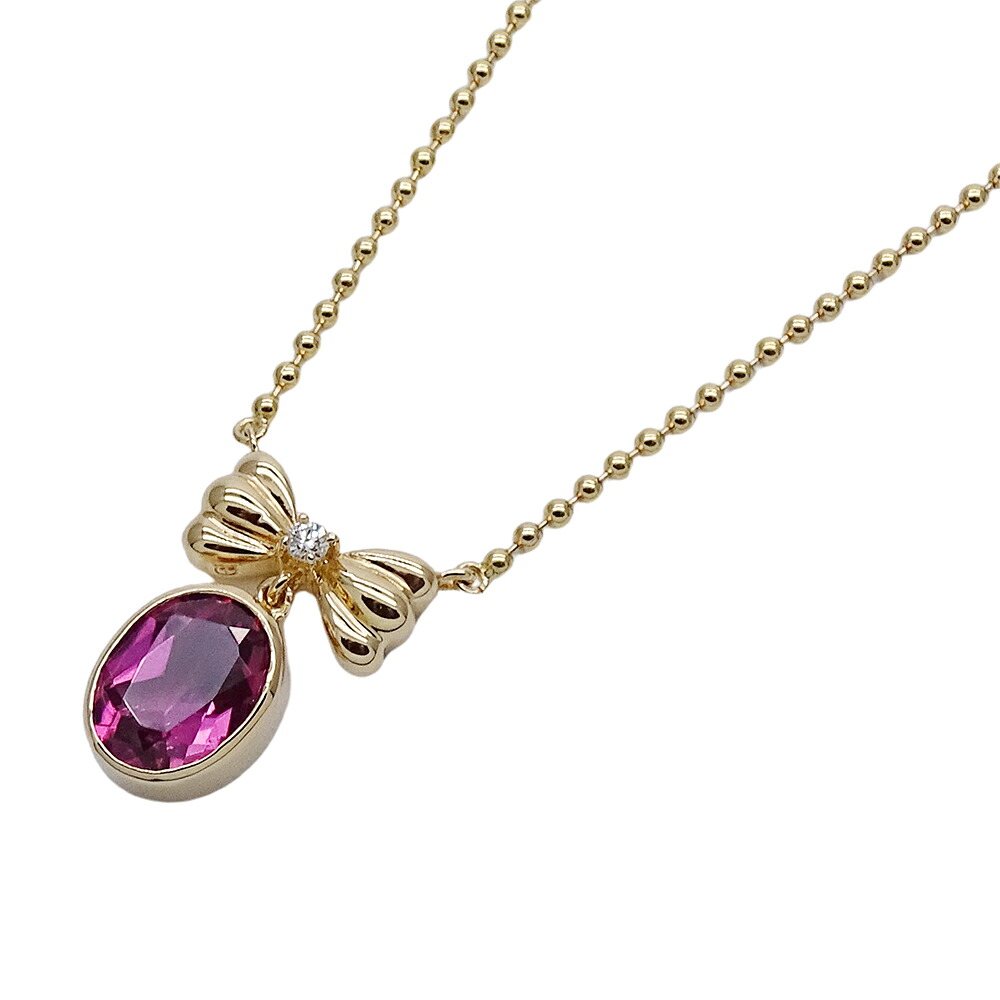 【5.5万円以上5000円OFFクーポン！１９日２０時から26日1時59分まで】タサキ TASAKI ネックレス レディース ブランド リボン K18YG ピンクトルマリン ダイヤモンド D0.01 イエローゴールド ジュエリー 磨き済み 【中古】｜ブランドベイ