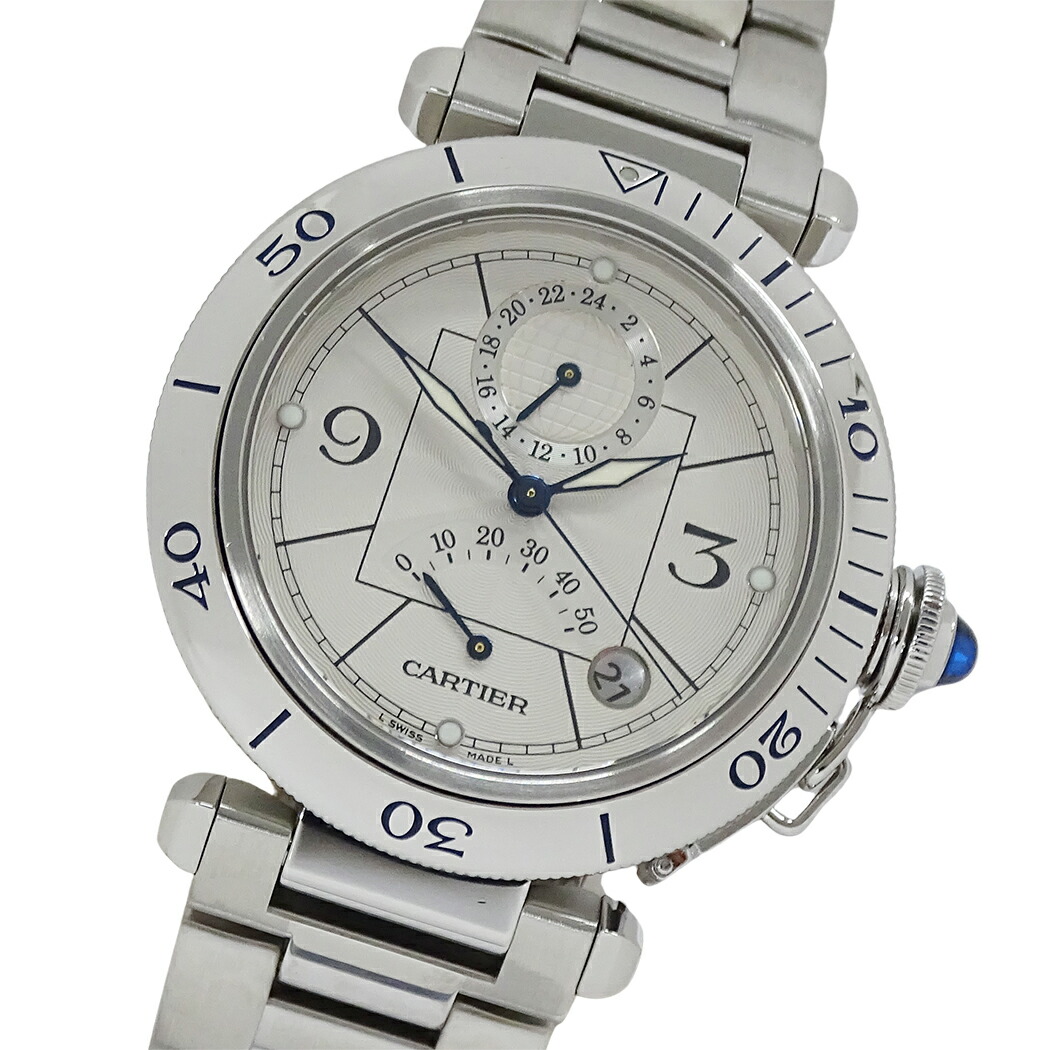 【5.5万円以上5000円OFFクーポン!19日20時から26日1時59分まで】カルティエ Cartier 時計 メンズ ブランド パシャ パワーリザーブ GMT デイト 自動巻き AT ステンレス SS W31037H3 シルバー ラウンド 磨き済み 【中古】|ブランドベイ