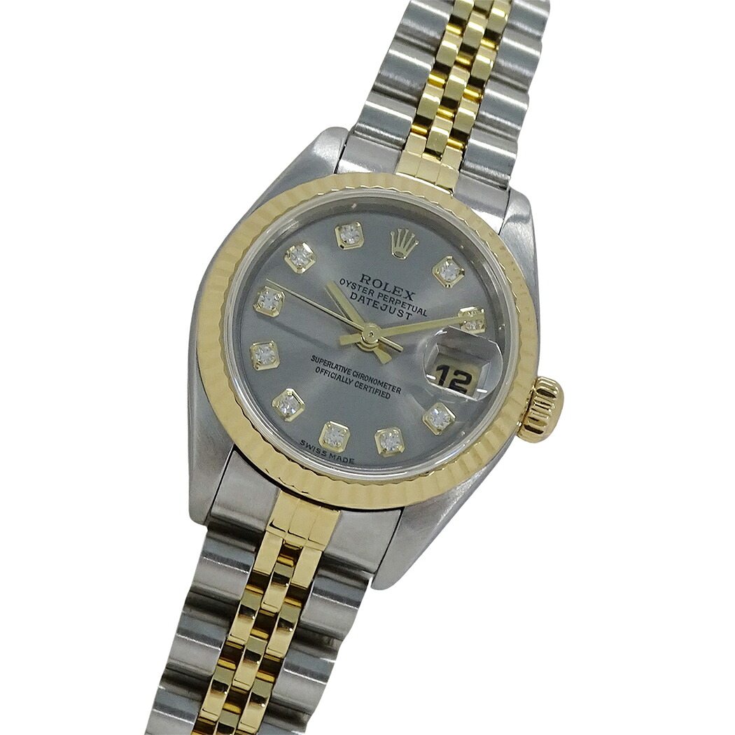 【5.5万円以上5000円OFFクーポン！１９日２０時から26日1時59分まで】ロレックス ROLEX デイトジャスト 79173G Y番 時計 レディース ブランド 10P ダイヤモンド 自動巻き AT ステンレス SS ゴールド YG コンビ グレー 磨き済み 【中古】｜ブランドベイ
