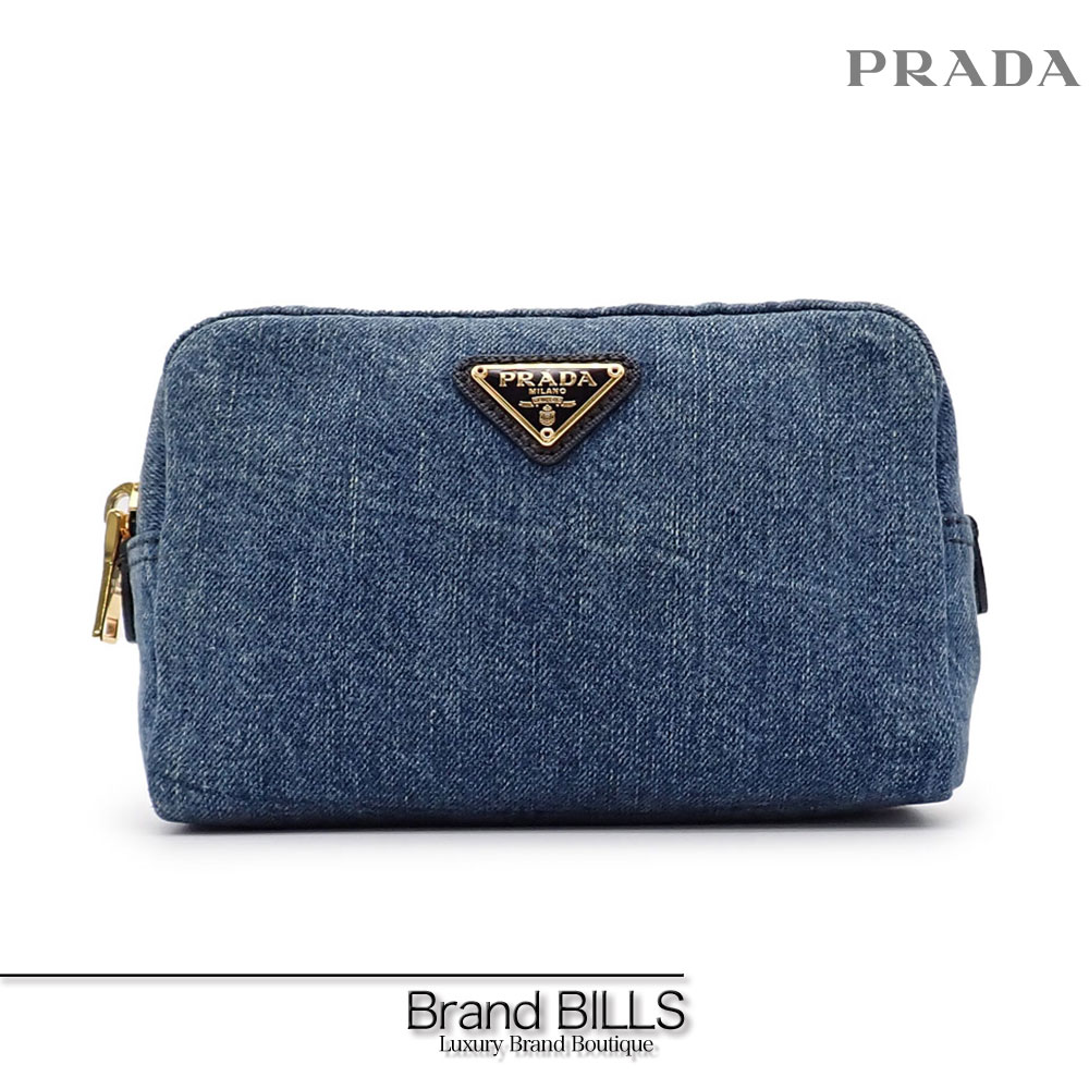 超美品!! PRADA プラダ デニム ポーチ 三角プレート ゴールド金具 青系 PRADA プラダ カナパ ハンドバッグ 三角ロゴ ゴールド金具