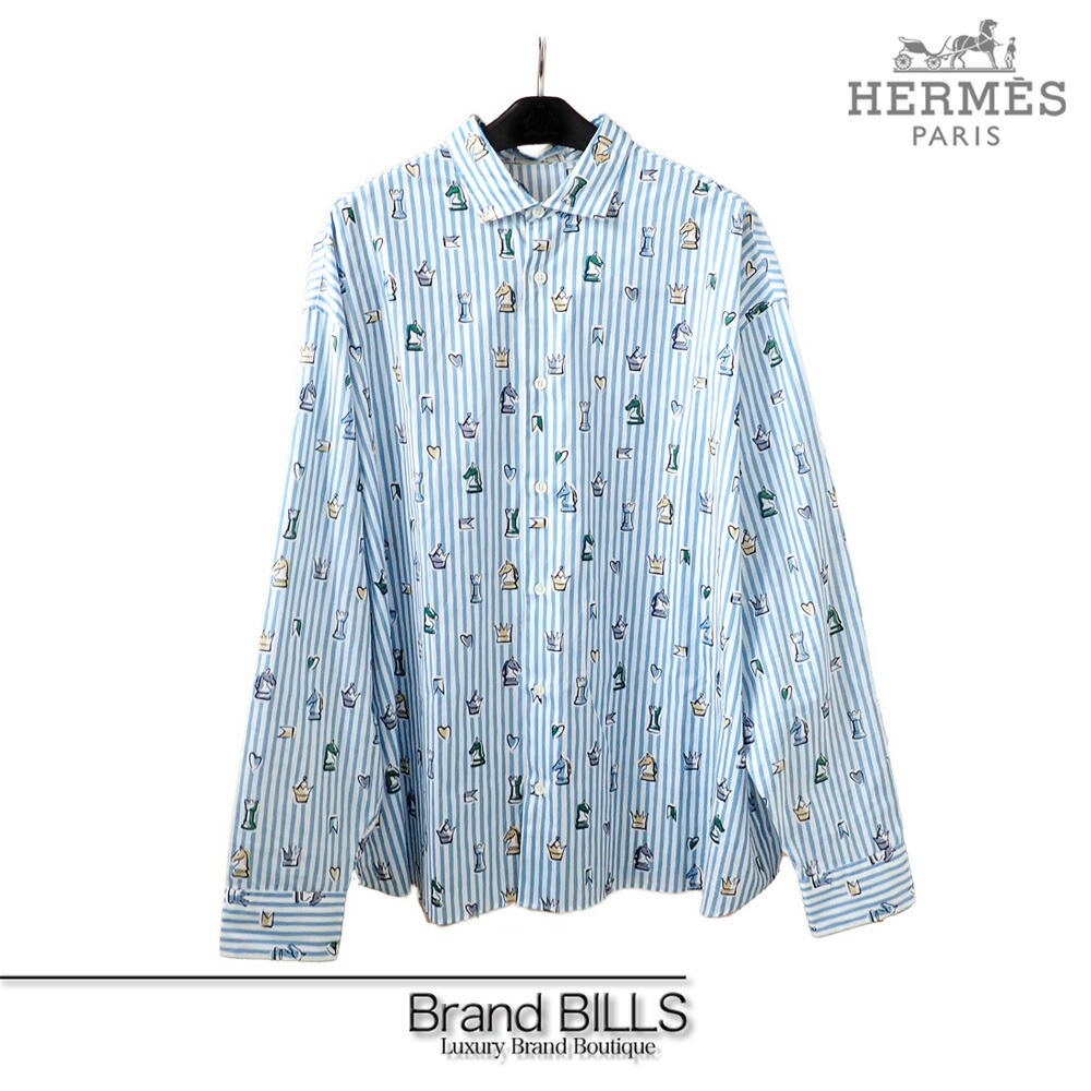 HERMES エルメス プレイグラウンド ストライプシャツ 22SS セリエ 長袖 コットン100％ ブルー ホワイト #43 送料無料 【中古】