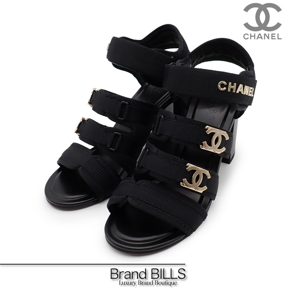 美品 CHANEL シャネル サンダル ココマーク レディース ヒール ファブリック レザー ブラック G39892 361/2 送料無料 【中古】