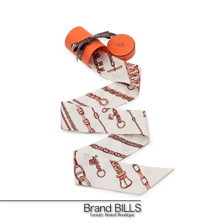 美品 HERMES エルメス ツイリー リボンスカーフ シェーヌ・エ・グルメット 062497S シルク ブラン ホワイト ブラウン系 レディース 【中古】｜ブランドビルズ　Brand BILLS