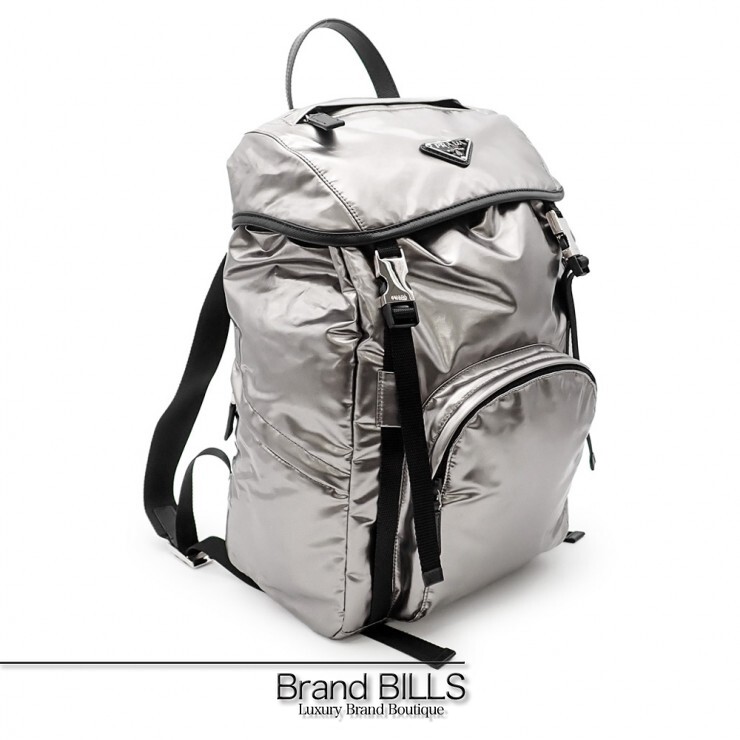 未使用品 PRADA プラダ バックパック リュックサック トライアングルロゴ 1BZ039 ナイロン シルバー メタル メンズ 【中古】