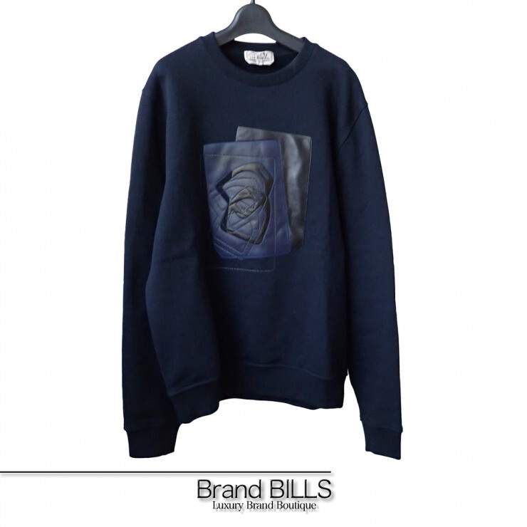 未使用品 HERMES エルメス シェーヌダンクル レザーパッチ付き スウェットシャツ トレーナー #S コットン ラムスキン ネイビー ソルド品 メンズ 【中古】
