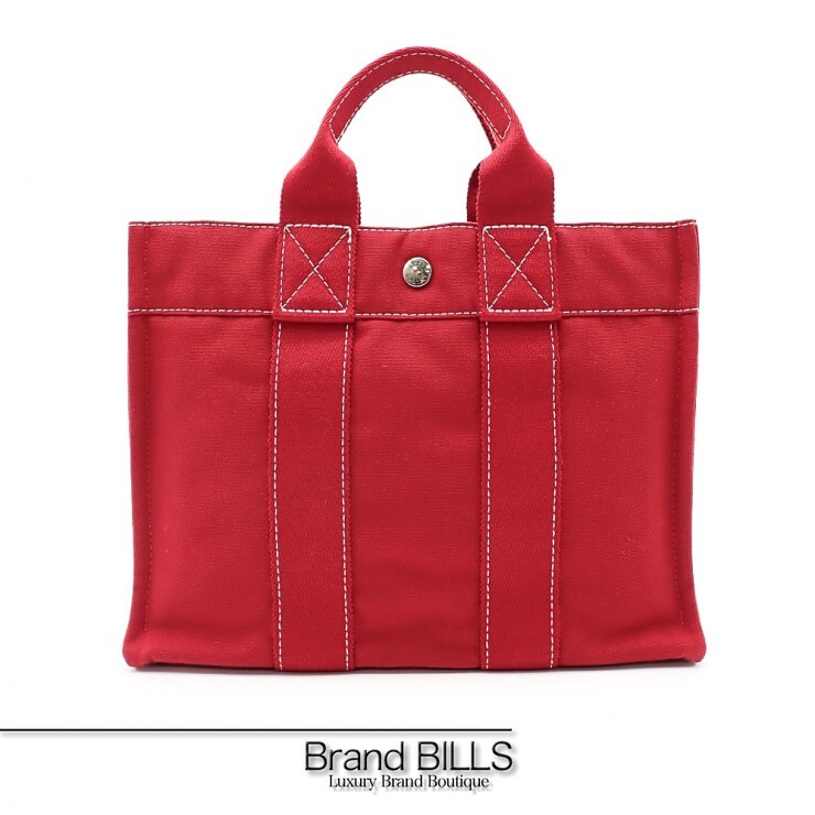 未使用品 HERMES エルメス ドーヴィル トートPM トートバッグ コットンキャンバス レッド ホワイトステッチ レディース 【中古】
