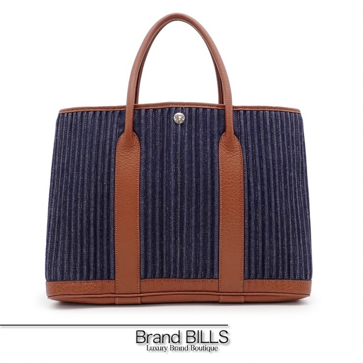 未使用品 HERMES エルメス ガーデンパーティ PM トートバッグ トワルデニムカヌレ レザー ブルーインディゴ ブラウン □L刻印 【中古】