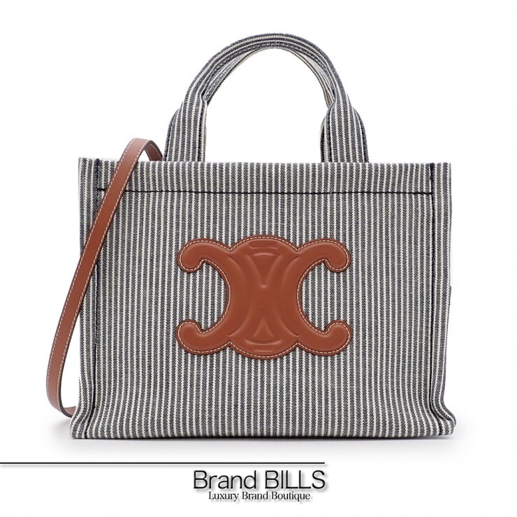 未使用品 CELINE セリーヌ THAIS タイス スモールカバ トートバッグ ショルダーバッグ 2way トリオンフ ストライプ ネイビーブルー レディース 【中古】