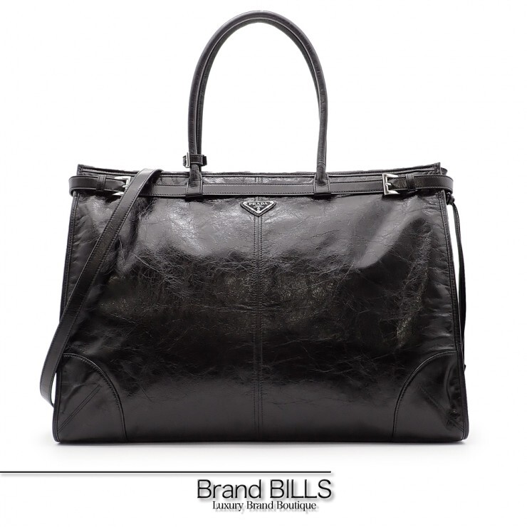 未当て嵌める品 PRADA プラダ トートバッグ 2VG128 なめし革 ３角形ロゴタイプ 黒いこと しろがね色金具 ユニ一発やる 【中古】