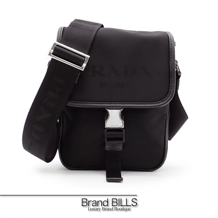 未当て嵌める品 PRADA プラダ ショルダーバッグ 2VD028 テスート ジャガードロゴ ３角形ロゴタイプ 黒いこと しろがね色金具 メンズ 【中古】