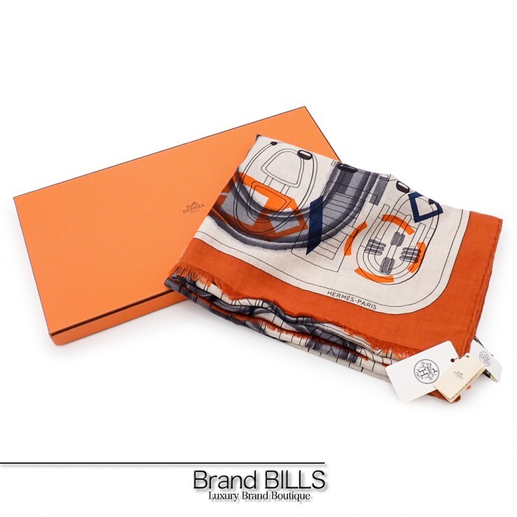 未当て嵌める品 HERMES エルメス 袈裟 アンプリムール・フルー H693245T 03 カシミール 地絹 自然的 グリ オレンジ色 メンズ 【中古】