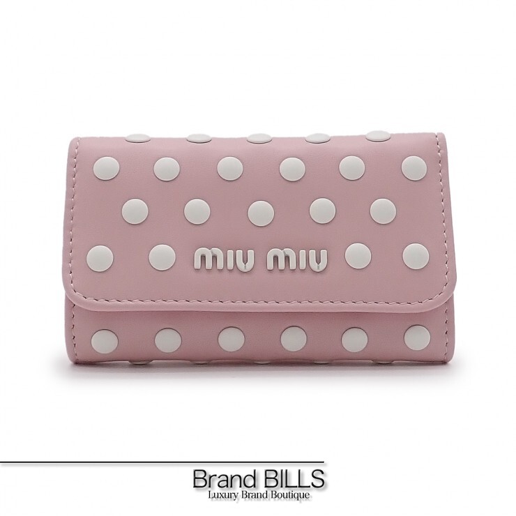 未当て嵌める品 miu miu ミュウミュウ BORCHIE ボルキエ ドットスタッズ 6連 手当たり容れもの 5PG222 ナッパレザー さくら色系 白いこと ゴールド金具 レディース 【中古】