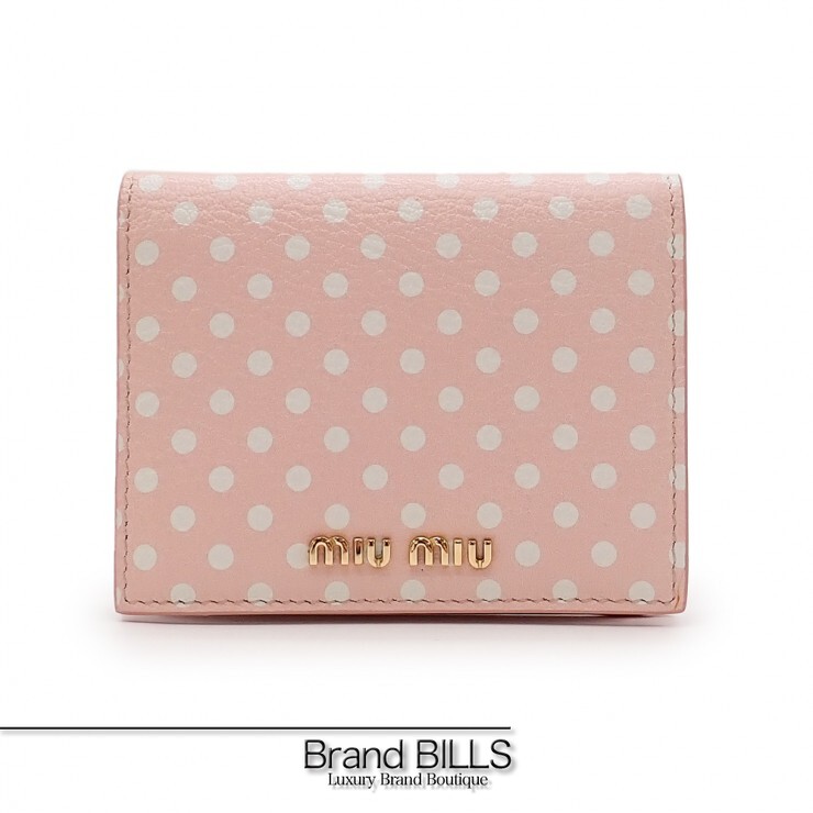 未当て嵌める品 miu miu ミュウミュウ pois ポワ コンパクトウォレット 折り紙入れ 5MV204 点点柄 水玉 なめし革 サクラ色系 白いこと レディース 【中古】