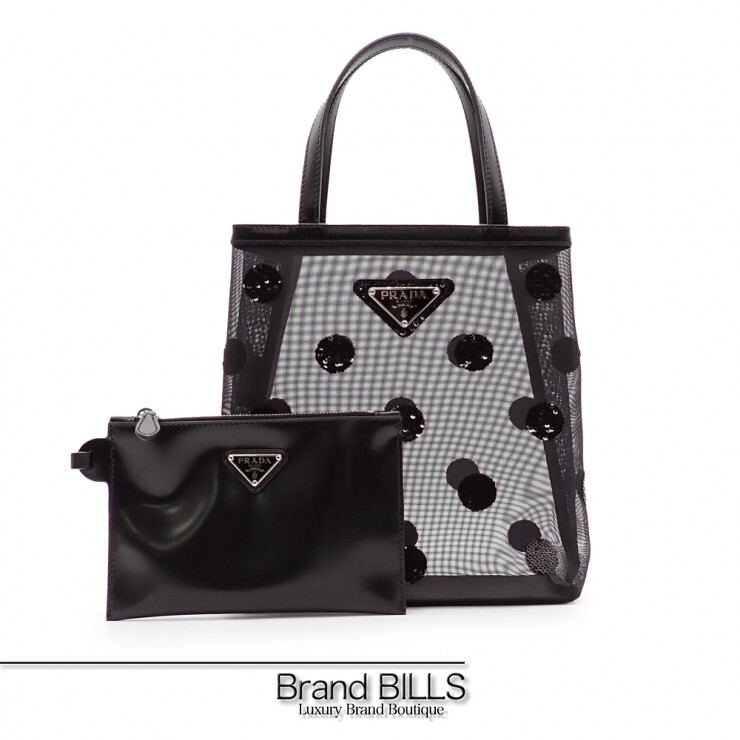 未当て嵌める品 PRADA プラダ スモール スパンコール メッシュ トートバッグ ハンドバック 1BG417 黒いこと 車寄せ付き添い人 レディース 【中古】