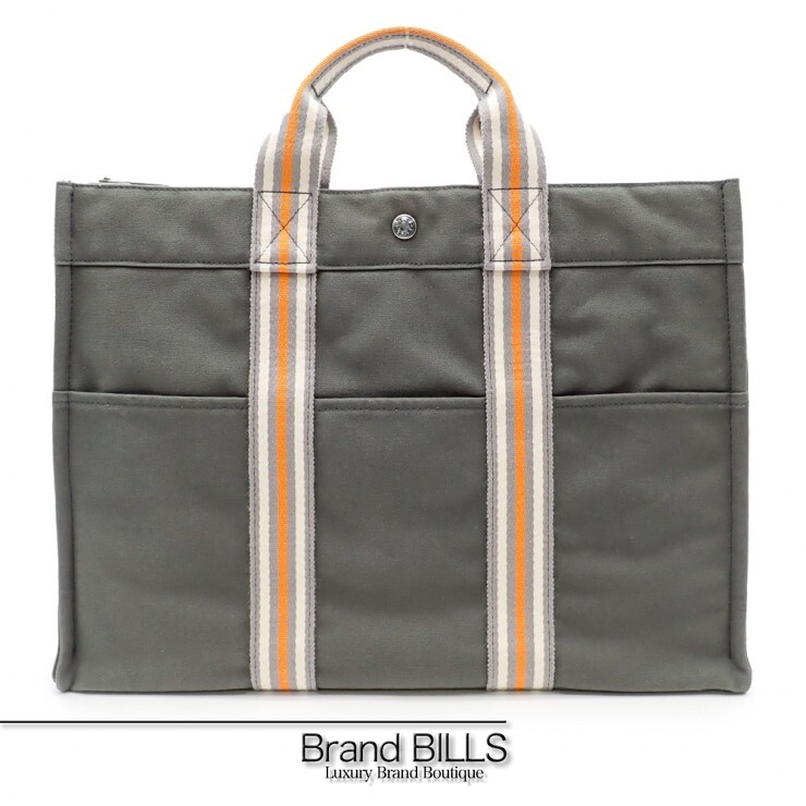 未当て嵌める品 HERMES エルメス 銀座押さえる フールトゥ トートMM トートバッグ 綿織物帆布 薄墨色 オレンジ色 ユニ一発やる 【中古】