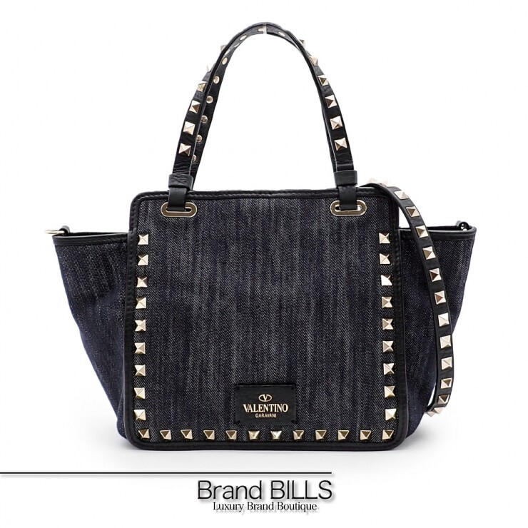 美品 VALENTINO ヴァレンチノ ロックスタッズ ミニトートバッグ 2wayバッグ KW2B0861DEA デニム レザー ネイビー レディース 【中古】｜ブランドビルズ　Brand BILLS