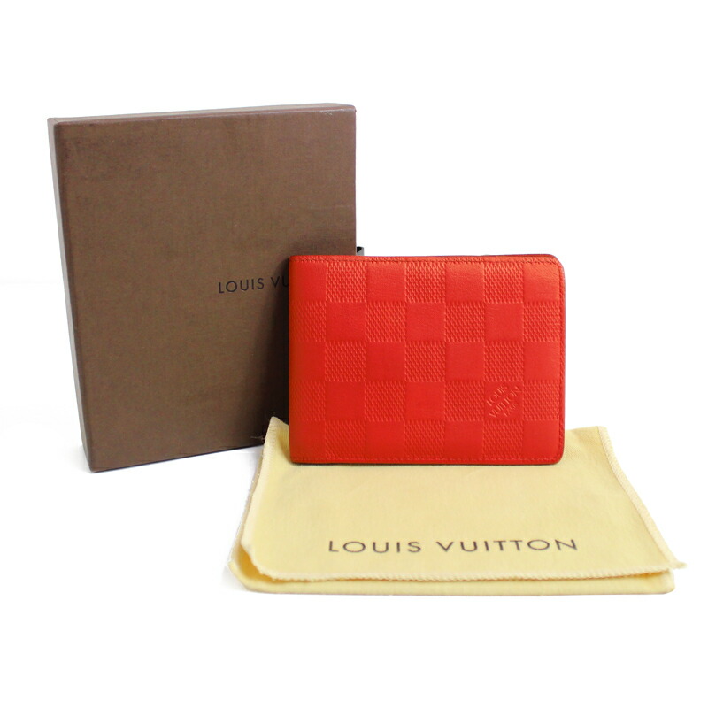 最も レザー N ミュルティプル ポルトフォイユ アンフィニ ダミエ Vuitton ルイヴィトン Louis 財布 二つ折り 中古 赤 レッド フュージョン レディース財布