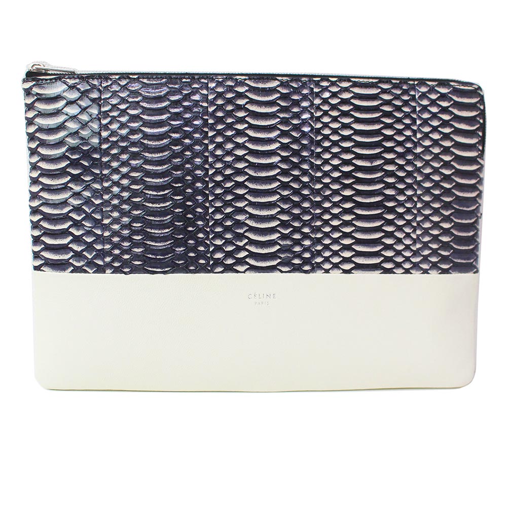 【新品・未使用品】セリーヌ CELINE ソロ クラッチ ポーチ バッグ バイカラー ラムスキン レザー スネイク スネーク パイソン ホワイト 104234TZD