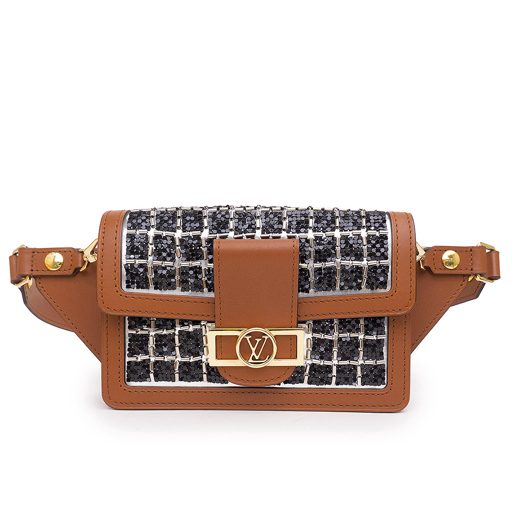 【未当て嵌める 見せびらかす品】ルイ ヴィトン LOUIS VUITTON カーフレザー ツィード ドーフィーヌ ビーズ 酉の方角御徒面子 クラッチペダル バムバック 赤銅色 茶 M53862