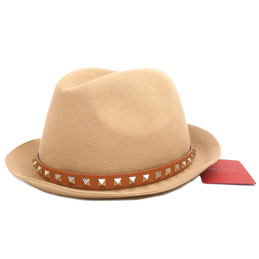 【新品・未使用品】ヴァレンティノ ガラヴァーニ Valentino Garavani アンゴラ100％ ポリエステル100％ カーフレザー Rockstud Felt Trilby ロックスタッズ フェルト ハット トリルビー 帽子 ブラウン 茶 ベージュ LW2H000 5TLS｜ブランドシティ　BrandCity