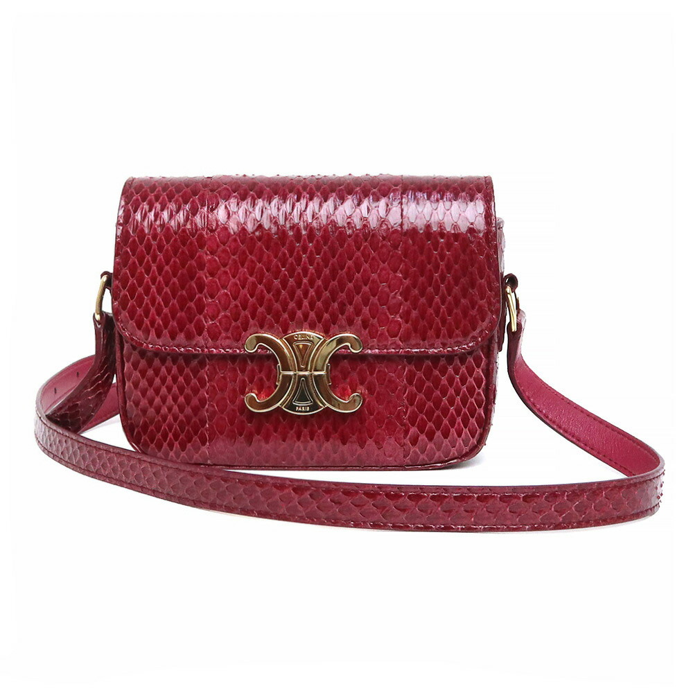 【新品・未当て嵌める品】セリーヌ CELINE トリオンフ ウィップ スモール ショルダーバッグ 曲がった掛け パイソン エキゾチックレザー ぶどう酒赤いこと 赤いこと 赤