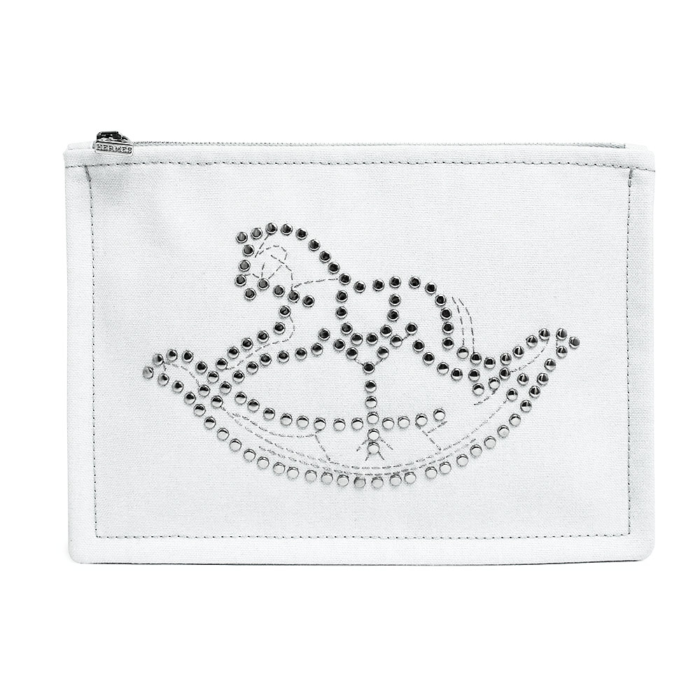 【美品】エルメス HERMES トゥルース フラット PM ベビー クリュート シュヴァル スタッズ 木馬 ポーチ トワル コットン 100％ ブルーグラシエ ライトブルー 青｜ブランドシティ　BrandCity
