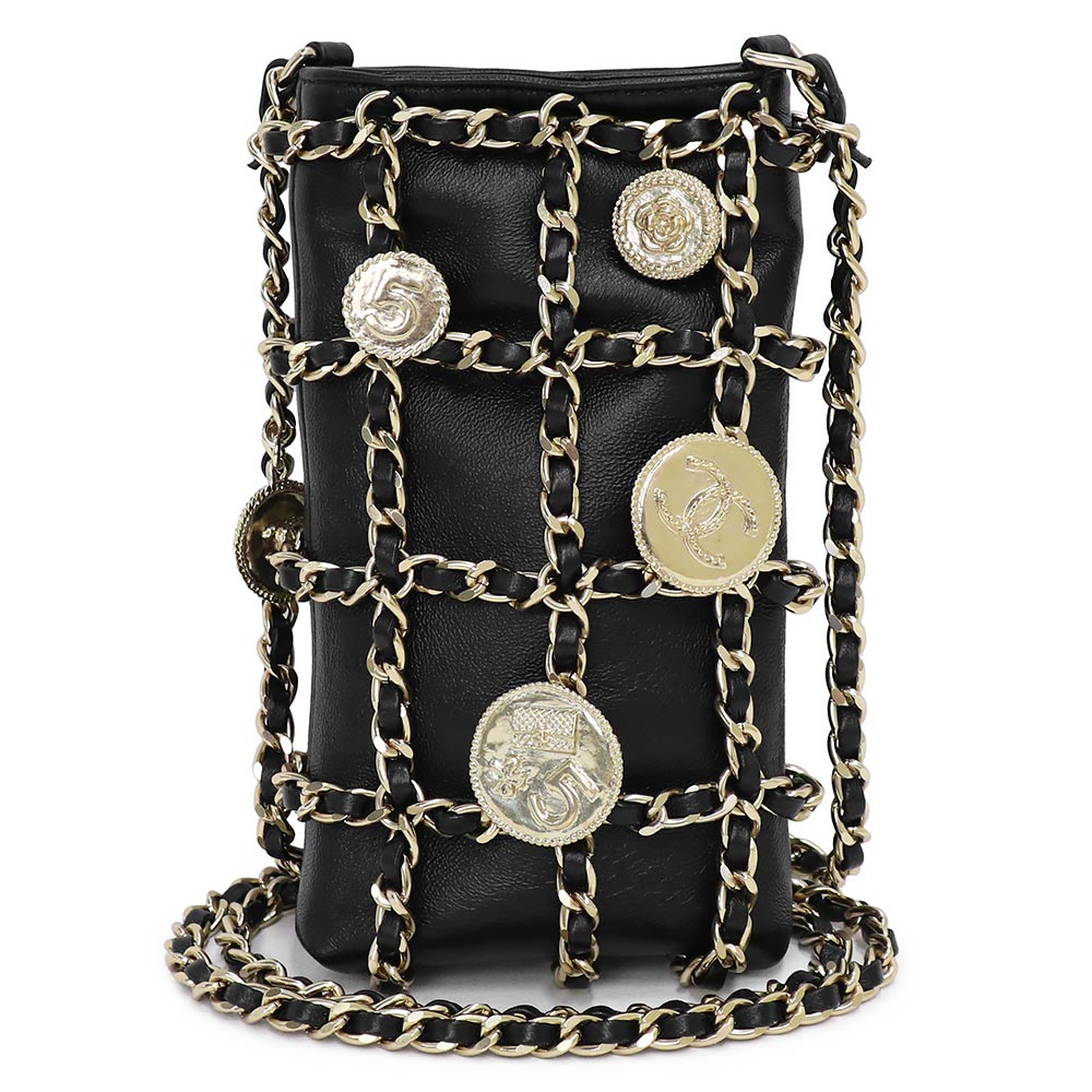 【未当てはめる 見せびらかす品】シャネル CHANEL 鋳貨 チェーン店肩先 御徒面子 スマホ 電話機容れもの 持ちはこび容れもの 曲がった掛け 子ヒツジ人はだ なめし革 黒いこと 黒 ゴールド金具