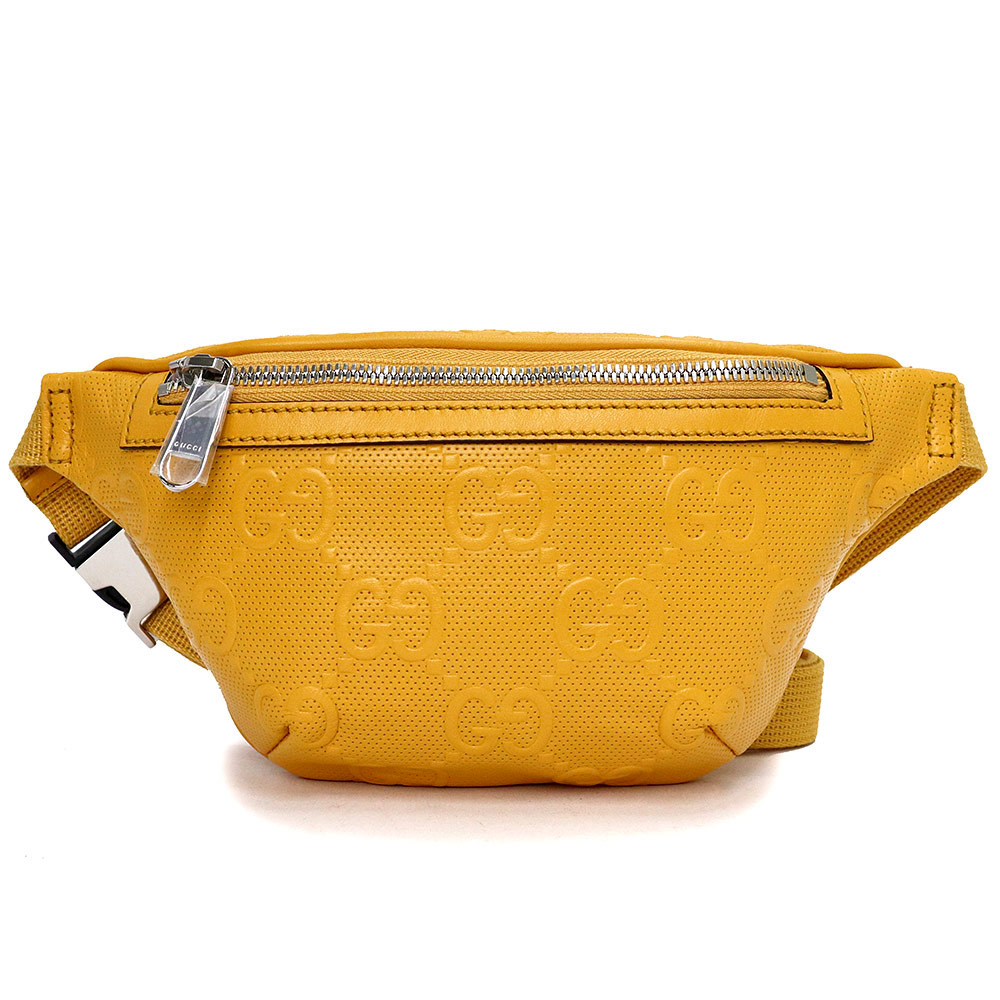 【新品・未使用品】グッチ GUCCI スモール ベルト ボディ ウエストバッグ 斜め掛け 2Way GGエンボスレザー イエロー 黄 シルバー金具 658582 箱付