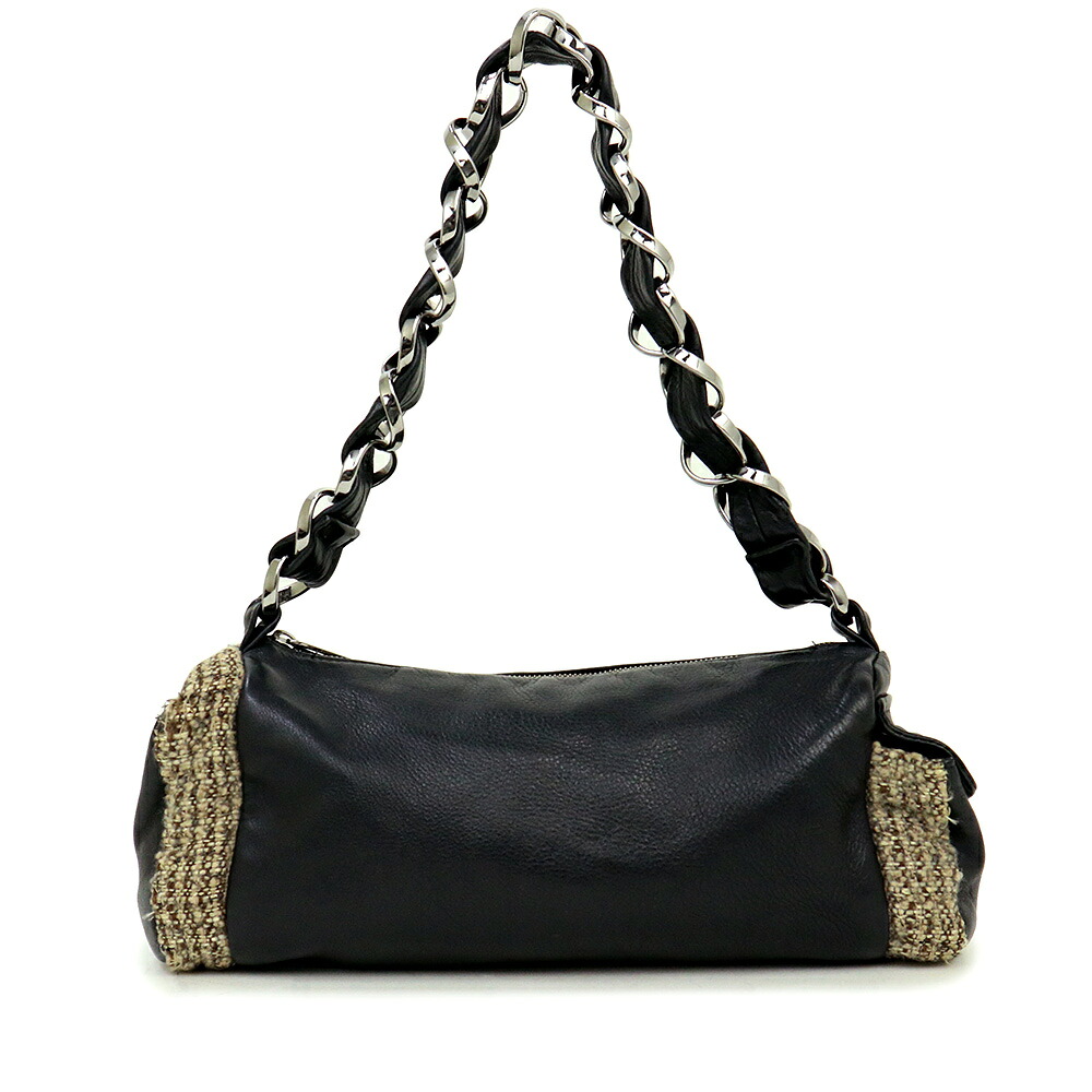 【中古】シャネル CHANEL チェーン ワンショルダー トートバッグ 肩掛け ツイード レザー ブラック 黒 シルバー金具|ブランドシティ BrandCity
