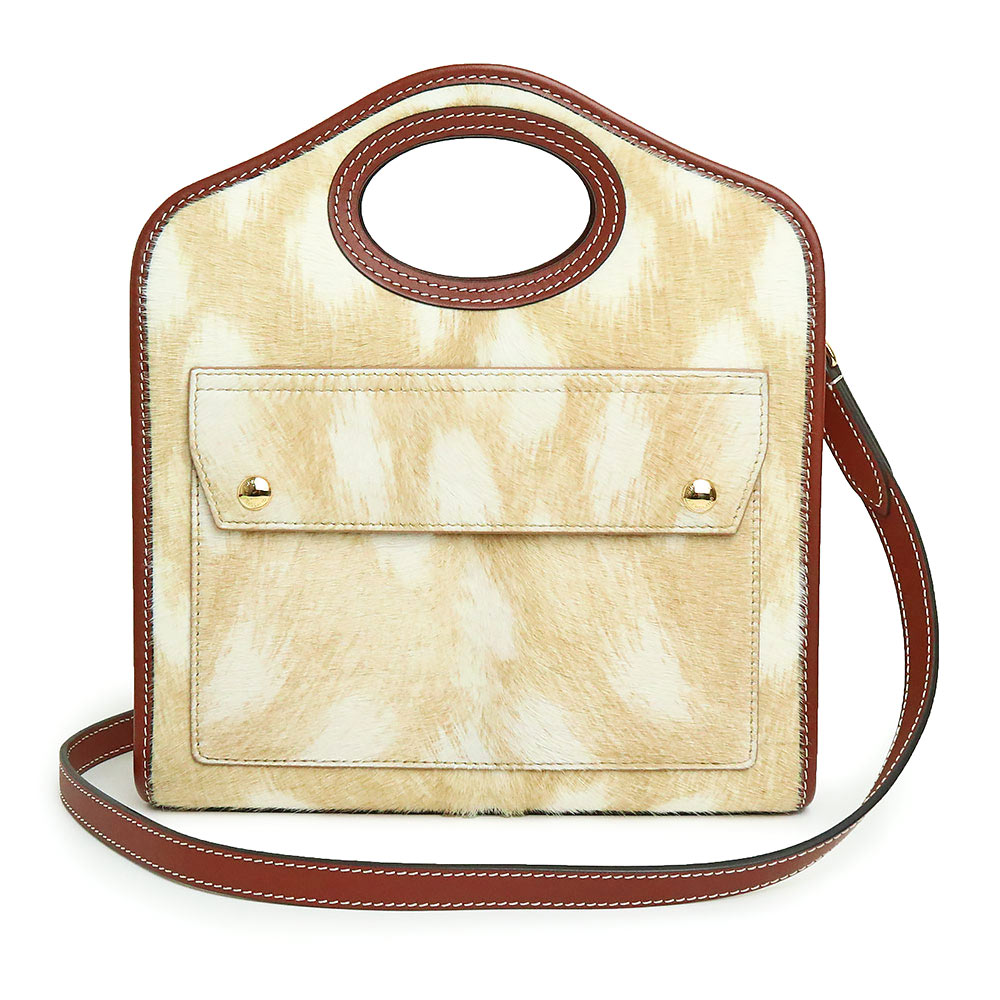 【未使用　展示品】バーバリー BURBERRY ミニ ディアプリント ポケットバッグ 2WAY ショルダー ハンドバッグ 斜め掛け カーフへア レザー ベージュ タン ゴールド金具 763205