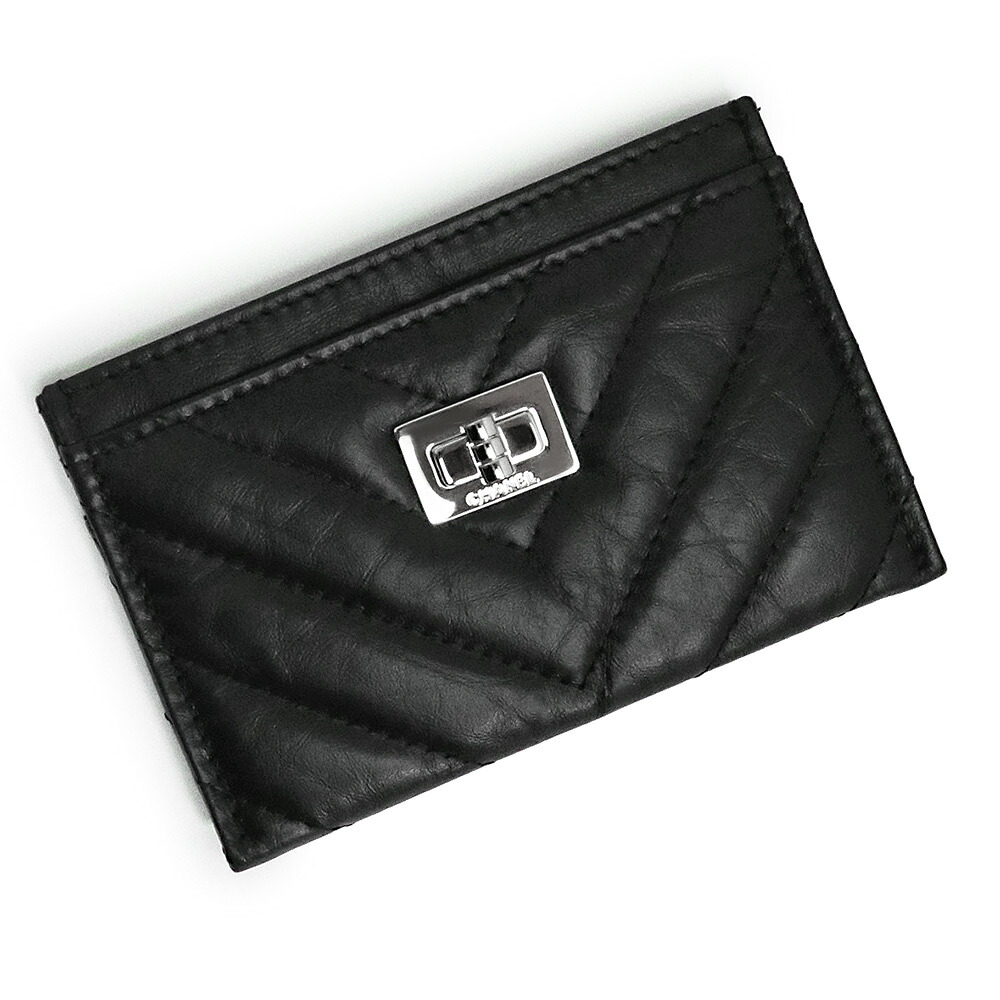 【新品・未当てはめる品】シャネル CHANEL マトラッセ 2.55 シェブロン V編み目 歌留多容れもの 通行手形容れもの 名刺入れ 定期入れ エイジドカーフスキン なめし革 黒いこと 黒 しろがね色金具 A80611 箱付