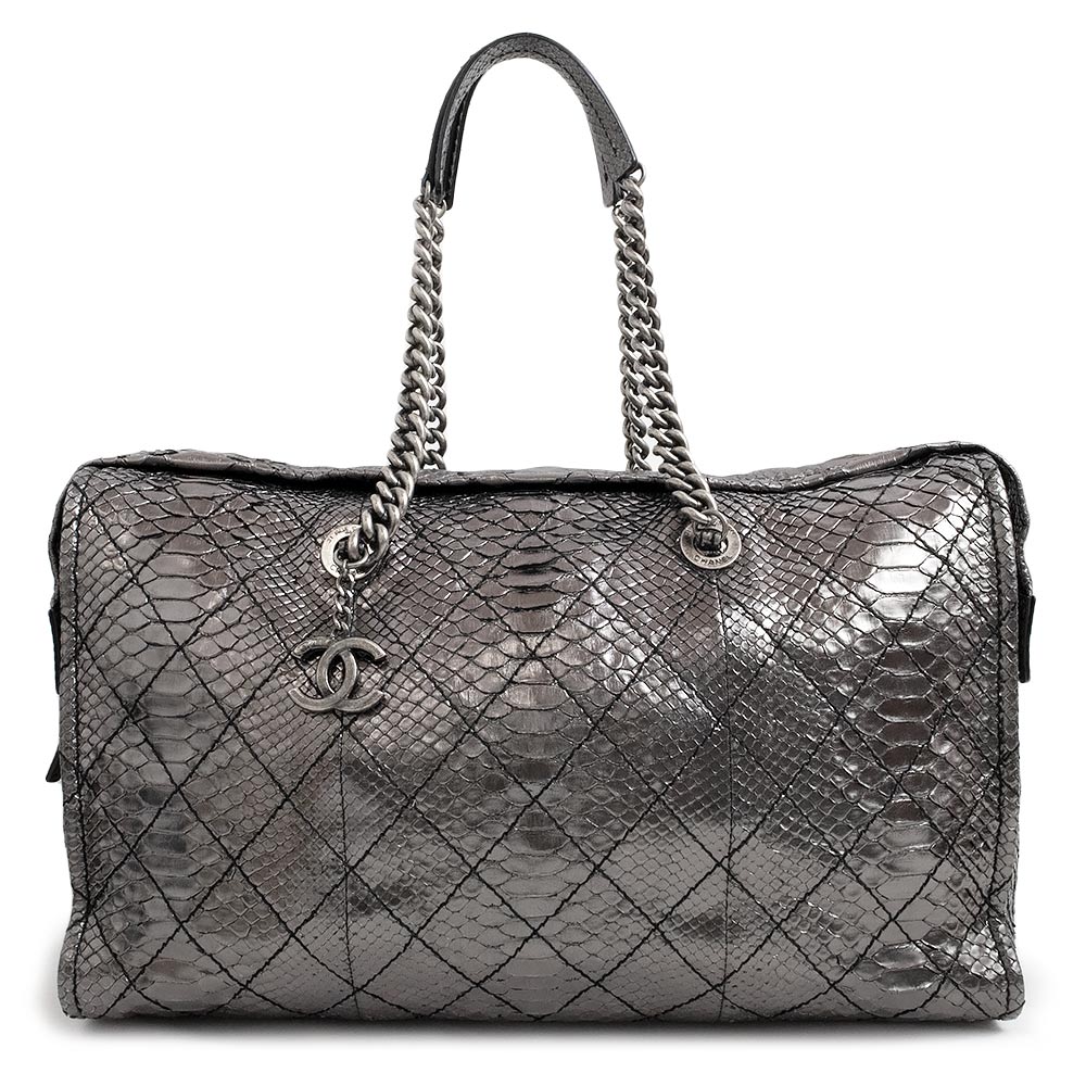 【美品】シャネル CHANEL チェーン店 豆の町 ハンドバック パイソン エキゾチックレザー しろがね色 銀 アンティークしろがね色金具