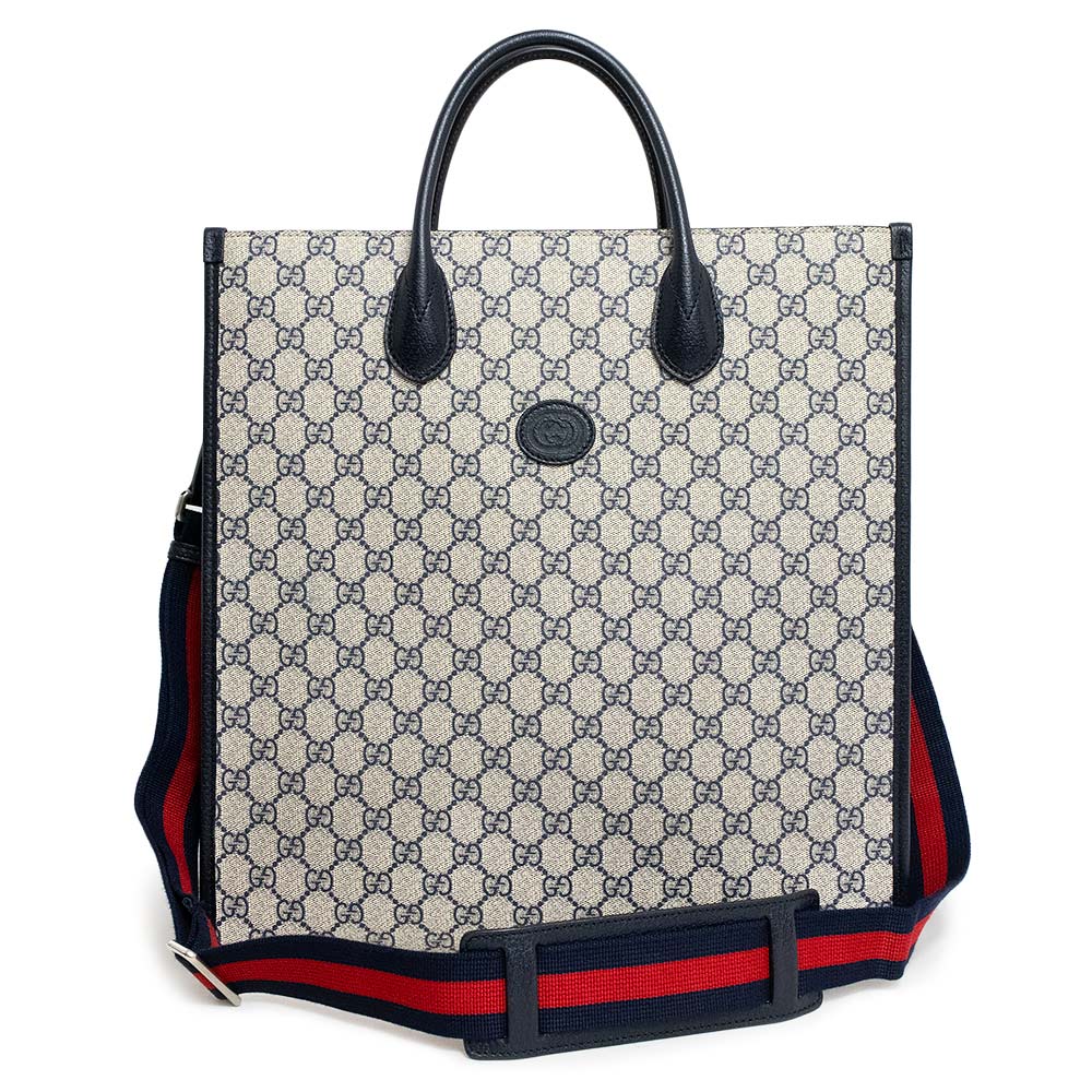 【新品・未当て嵌める品】グッチ GUCCI インターロッキングG 並み並み 2way トート ハンドバック 曲がった掛け GGスプリームキャンバス なめし革 米国海軍 ベージュ 紺 アンティークしろがね色金具 674155 ハンドバッグ-バッグ-レディースバッグ