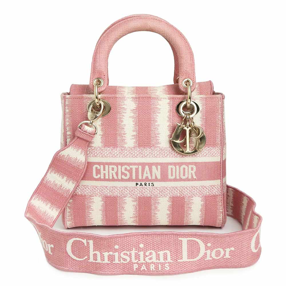 【中古】クリスチャンディオール Christian Dior Lady D-Lite レディ ディライト ミディアム 2way ショルダー ハンドバッグ 斜め掛け キャンバス ピンク アイボリー ゴールド金具 M0565ORFQ