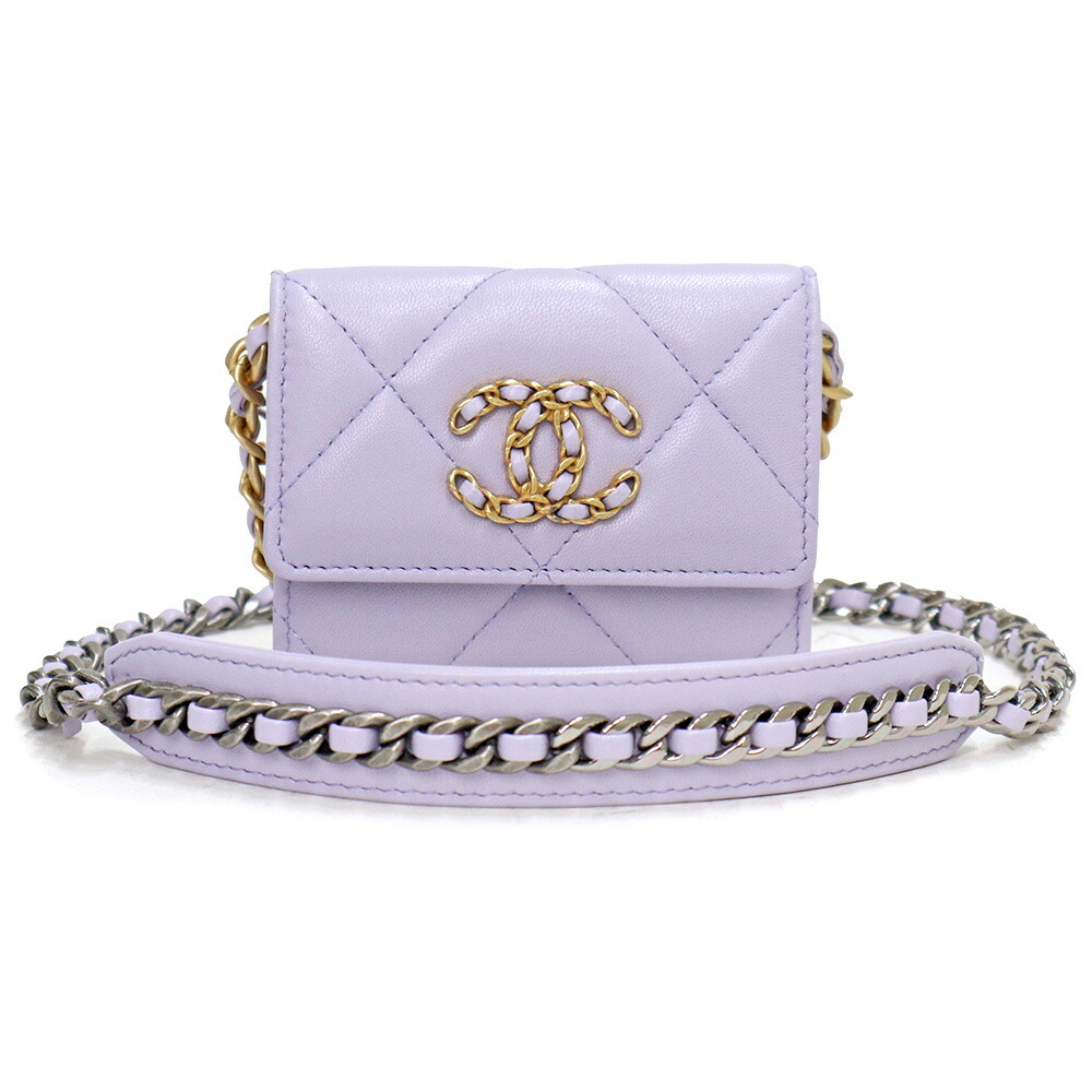 【新品・未使用品】シャネル CHANEL 19 ナインティーン スモール フラップ ウォレット ショルダーバッグ 斜め掛け ラムスキン レザー パープル 紫 シルバー アンティークゴールド アンティークシルバー金具 箱付 165,000円