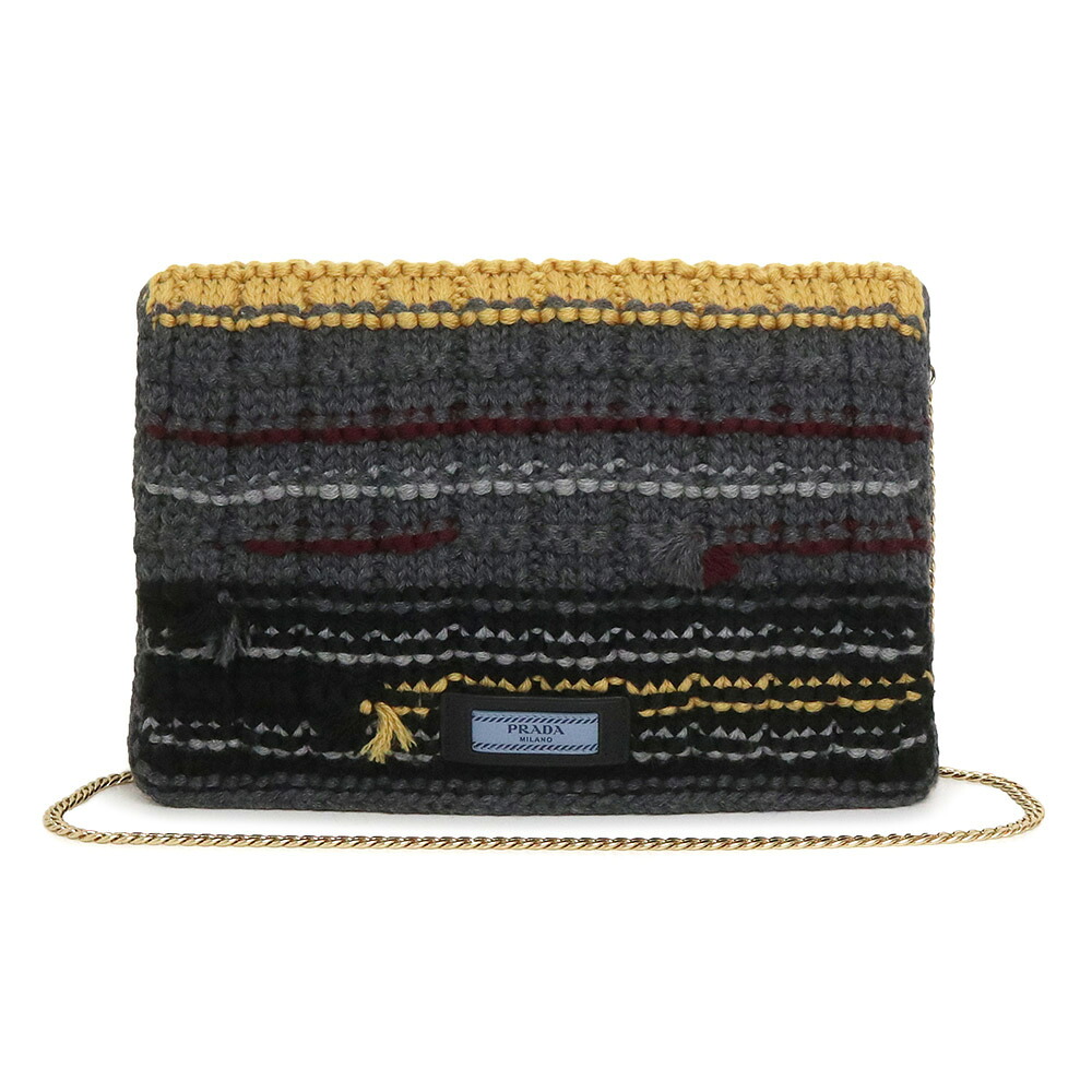 【未使用　展示品】プラダ PRADA ニット フラップ 2WAY クラッチ チェーン ショルダーバッグ 斜め掛け TESSUTO ナイロン maglia ARDESIA アルデシア グレー ボルドー イエロー ゴールド金具 1BF061｜ブランドシティ　BrandCity