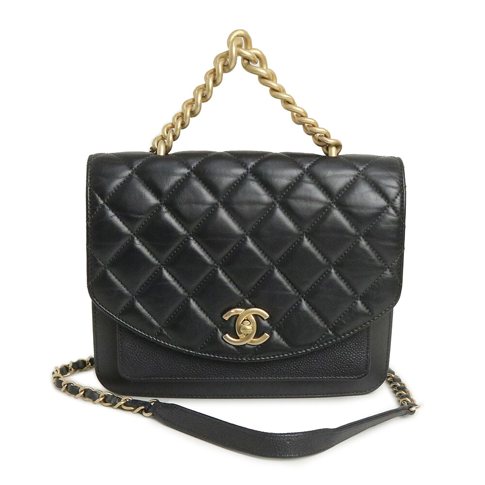 【中古】シャネル CHANEL トリコマテリアル シングルフラップ マトラッセ ココマーク チェーン 2WAY ショルダー ハンドバッグ 斜め掛け キャビアスキン カーフスキン レザー ブラック ダークグレー 黒 ゴールド金具 AS0785｜ブランドシティ　BrandCity
