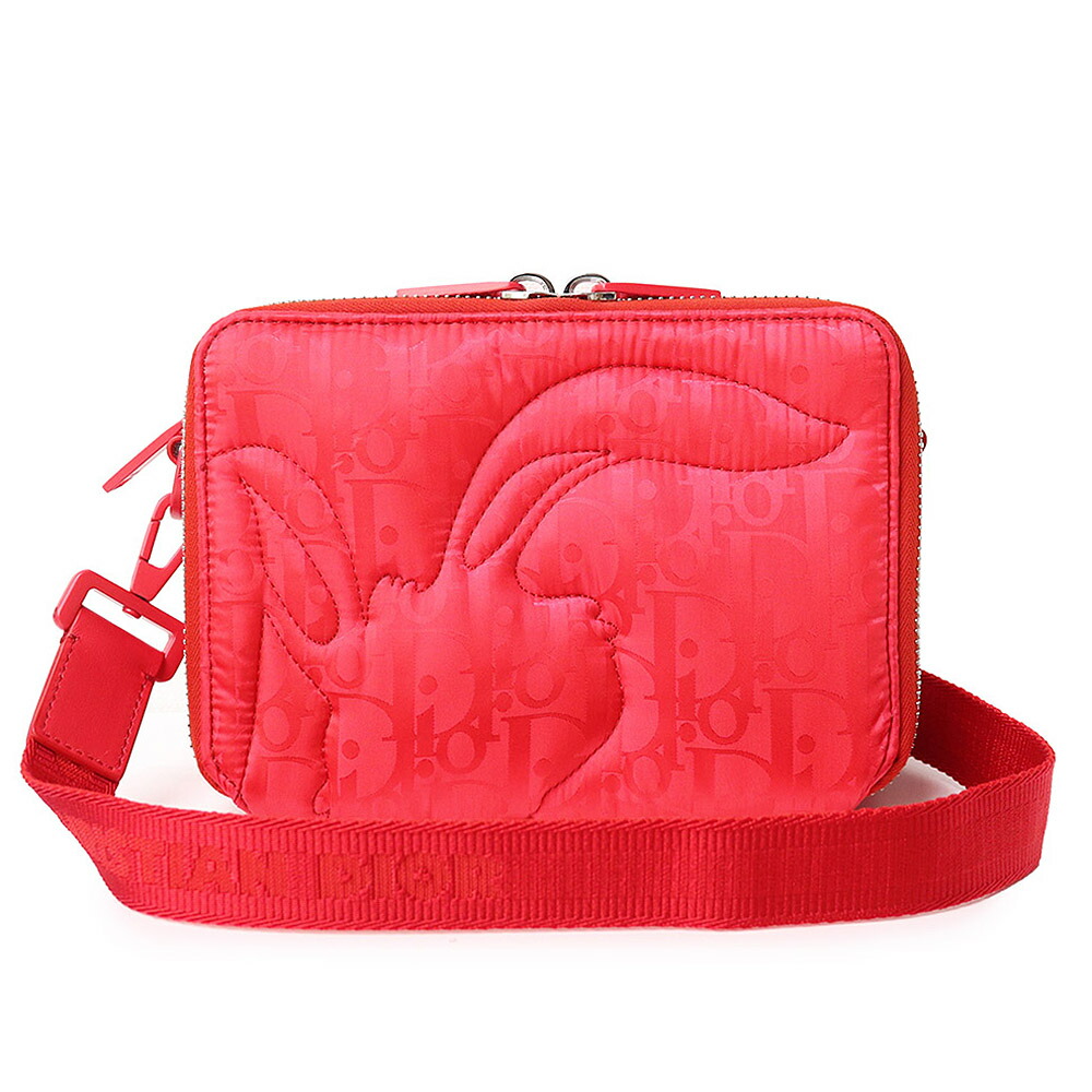 【新品・未使用品】クリスチャンディオール Christian Dior ERLコラボ ストラップ付き ジップポーチ ミラージュ キルティング ラビット うさぎ ショルダーバッグ 斜め掛け スムースカーフレザー ナイロン レッド 赤 シルバー金具 2ESBC119RAY 箱付
