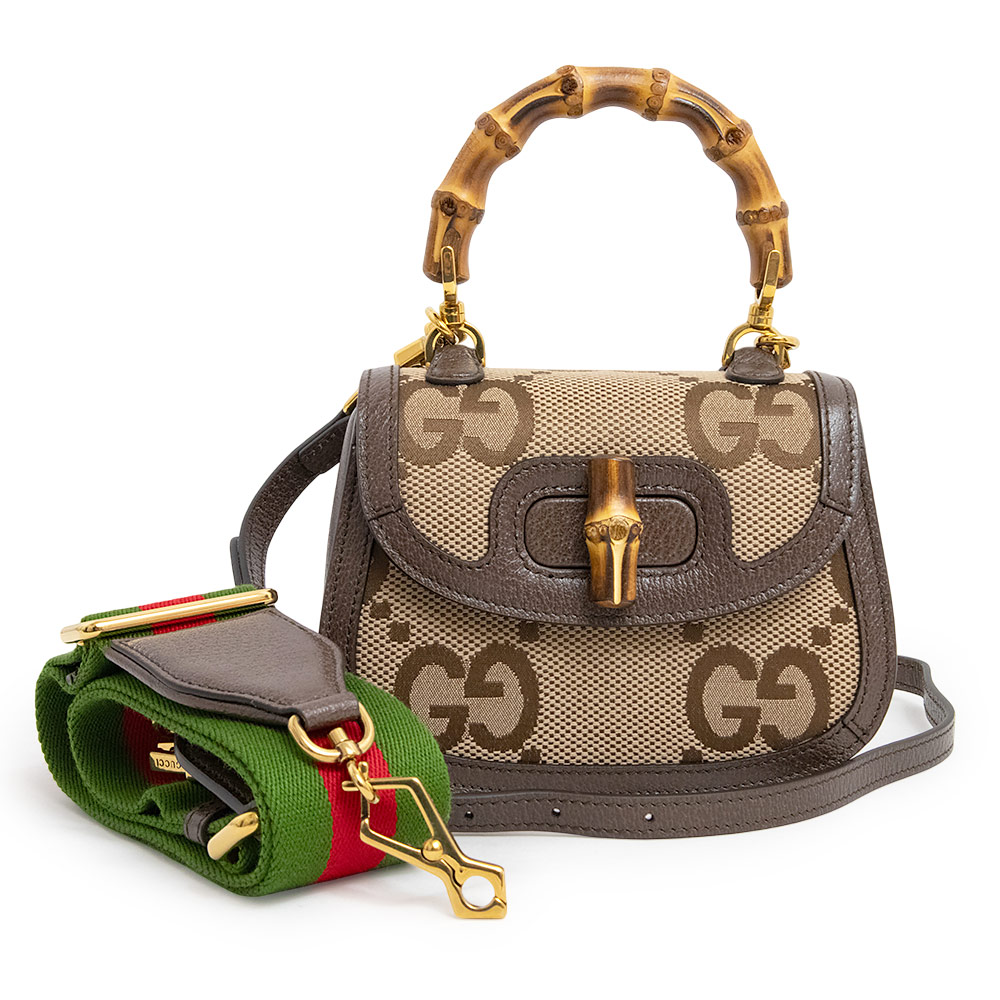 【新品・未当て嵌める品】グッチ GUCCI バンブー 1947 ミニ いの一番手持ち部分 2WAY 曲がった掛け 肩部 ハンドバック ジャンボGG帆布 なめし革 赤銅色 ベージュ ゴールド金具 686864