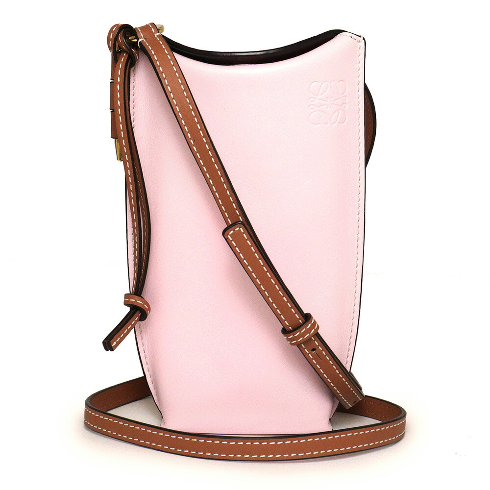 【中古】ロエベ LOEWE ゲートポケット ミニ ショルダーバッグ 斜め掛け ソフトカーフスキン レザー ソフトピンク コーラル オレンジ ブラウン ゴールド金具 109.30BZ42|ブランドシティ BrandCity