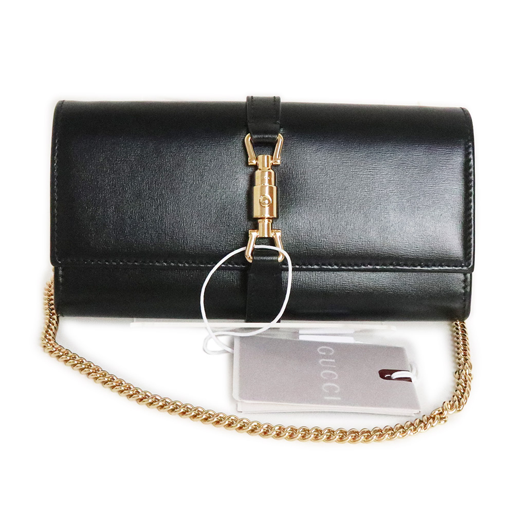 【新品・未当て嵌める品】グッチ GUCCI ジャッキー 1961 チェーンウォレット ショルダーバッグ 曲がった掛け 札入れ なめし革 黒いこと 黒 ゴールド金具 652631 箱付
